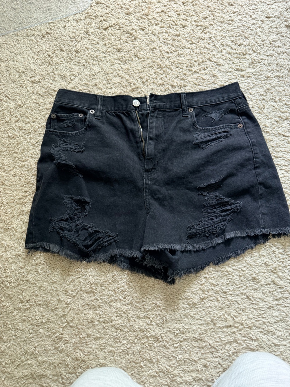 AE Black Distressed High-Waist Denim Mom Shorts